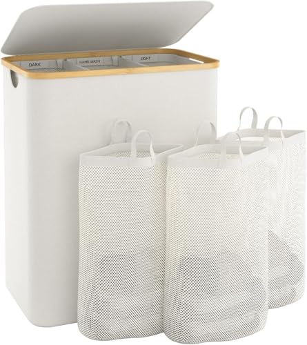 Extra Large 3 Section Dirty Clothes Laundry Basket with Lid, Dirty Clothes Hampers with Removable Bags for Bedroom and Laundry Room, Beige