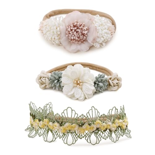 mligril Baby Girl Floral Headbands- 3pcs Nylon Headband Handmade Flower Crown Elastic Hairband Newborn Toddler Hair Accessories Gifts for Girls （1-6 years old）