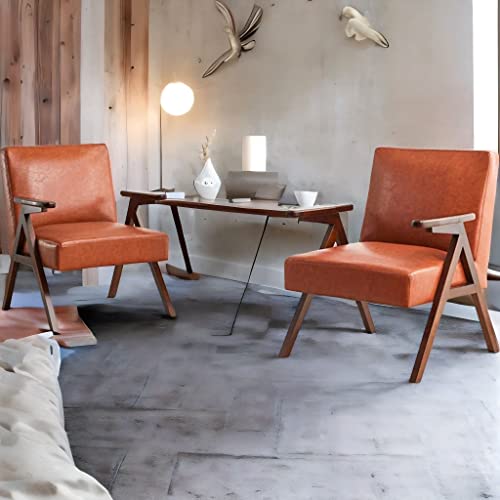 Huimo Mid Century Modern Chair,Accent Chair,Wooden Armchair,Chairs For Living Room,Reading Chair, Upholstered Elegant Bedroom Chair, Side Chair (Brown Set Of 2) #TOP5