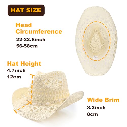 Image of DRESHOW Straw Cowboy Cowgirl Hat for Women Men Western Coastal Cowboy Beach Hat with Shapeable Brim Unisex Rolled up Caps