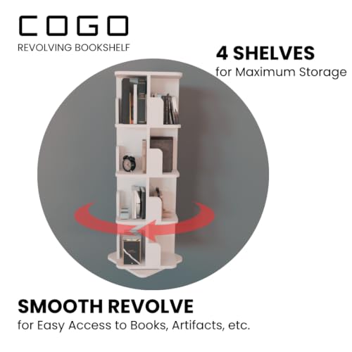 Image of COGO 4 Tier Revolving Bookshelf | 360 Smooth Revolve Mechanism | 52 x 15 x 15 inch | 100 Books Capacity | 17 mm Engineered Wood | Bookcase | Showcase | Do-It-Yourself | Colour: White