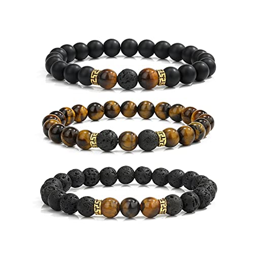 ANUEVO Beads Bracelet for Men Women Stress Relief Lava Rock Natural Stone Anxiety Bracelets 3Pcs (Tiger s eye-Stretch)
