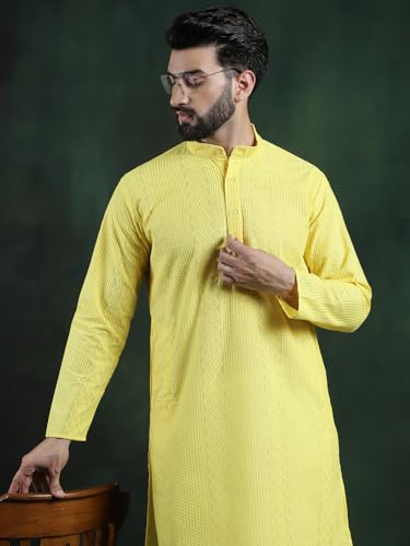 Image of SOJANYA (Since 1958 Men's Pure Cotton Checked Embroidered Long Kurta | Traditional for Diwali Celebrations