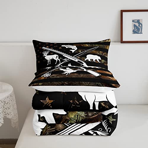Huntinig And Fishing Comforter Set Wildlife Fish Duck Deer Bear King Comforter For Boys Men,Camo American Flag Bedding Set Rustic Trees Leaves Camouflage Quilt Duvet Insert With 2 Pillow Cases #TOP4