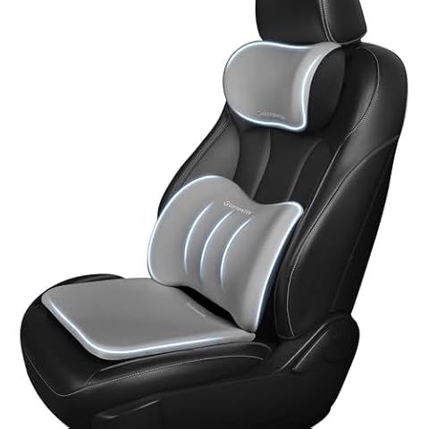 GEEYONTEK Car Seat Cushion with Neck Pillow & Lumbar Support Back Pain Relief Pillow Memory Foam, Ergonomic Car Pillow for Driving Seat Office Chair-3 Pcs, Grey Cover