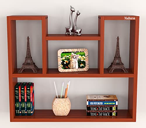 Image of Madhuran Riya Engineered Wood Wall Mounted Books Cum Decorative Items Display Shelf Rack Shelves (60x15x50 CM Teak) Home Decor Items Living Room Office Bedroom Multipurpose Bookends