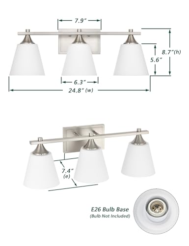 Image of Bathroom Vanity Light Fixtures, Traditional Brushed Nickel 3 Lights Vanity Lighting Fixture with Opal Glass Shade, Porch Wall Mount Light Fixture for Bathroom, Mirror Cabinets Hallway Stairs