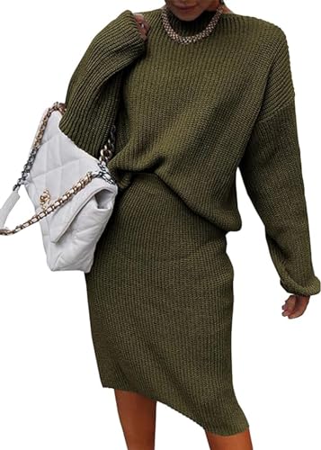 Image of Women 2 Piece Knit Sweater Skirt Set Midi Sweater Dress Long Sleeve Pullover Bodycon Knitted Skirt Set Outfit
