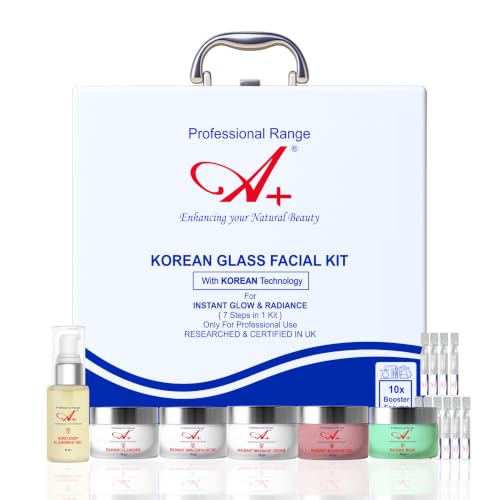 Image of A+ Korean Glass Facial Kit | Suitable For All Skin Types | 10x Booster Serums | Instant Glow & Radiance | Based on Korean Technology | 7 Steps in 1 Kit | For Professionals & Home Use | 300 gm + 20 ml