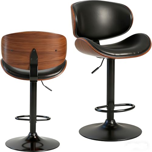 Image of HealSmart Swivel Bar Stools Set of 2, PU Leather, Adjustable Height Bentwood BarStools with Ergonomic Back and Footrest, Ideal for Bar Stools for Bar Counter, Home Kitchen, Dining Room, Black