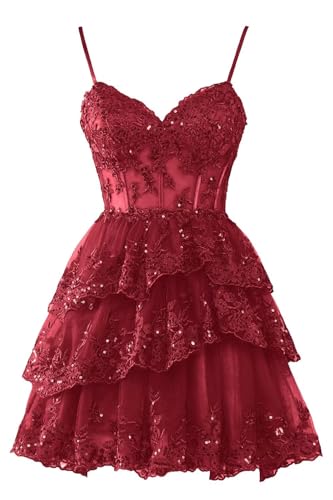Homecoming Dresses for Teens 2025 Sparkly Tulle Lace Applique Tiered A-line Formal Short Mini Prom Dress