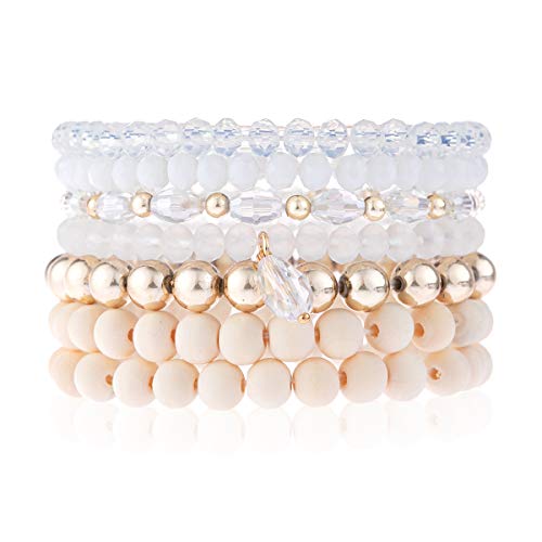 Image of RIAH FASHION Bohemian Multi-Layer Beaded Stacking Statement Bracelets - Versatile Stretch Strand Wood Beads Wrap Slip-on Cuff Bangle Set