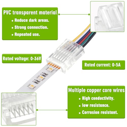 EPLZON6 Pin 12 mm LED Strip Connector LED Light Connector Strip to Wire Quick Connector RGB Lights Adapter Clear Unwired Gapless Track Lighting Connector for 5050 LED RGB Strip Light(20pcs) - Image 3