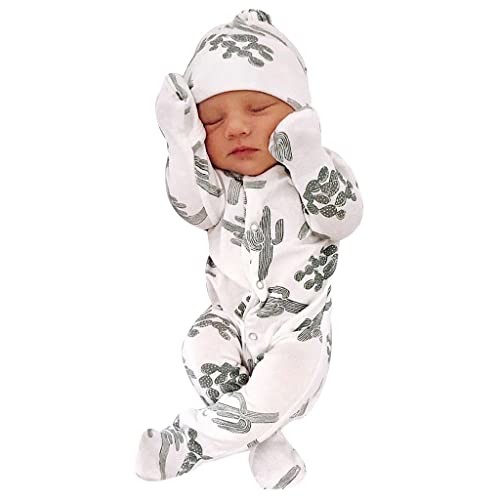 Image of general3 Newborn Baby Boys Girls Bodysuit 2 Piece Set Infant Cactus Print Romper Jumpsuit + Hat Outfits Sets (White, 3-6 Months)