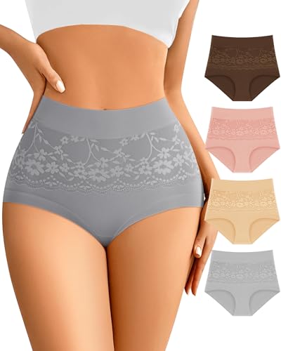 Women's Underwear 4 Pack Cotton High Waisted Ladies Panties with Lace 4-Way Stretch Comfortable Full Coverage