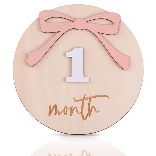 Ribbon Bow Baby Monthly Milestone, Wooden Baby Milestone Signs, Monthly Milestone Wood Discs, Baby Milestone Discs, Baby Photo Props Cards Interchangeable Number Set of 12 for Baby Growth Recording