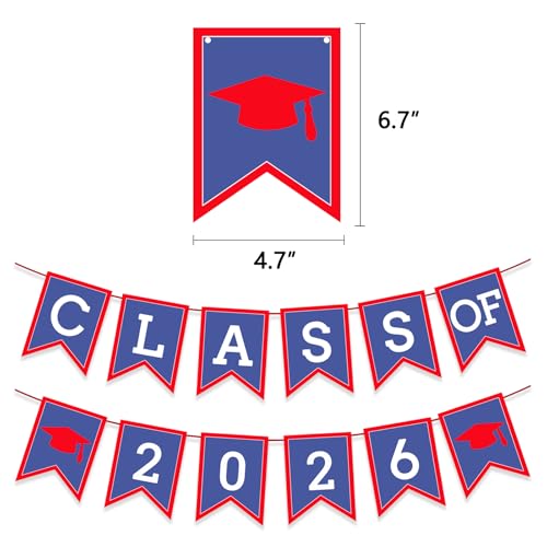 Image of Blue Red Graduation Party Decoration Class Banner Hanging Pom Poms Flowers High School College Grad Supplies