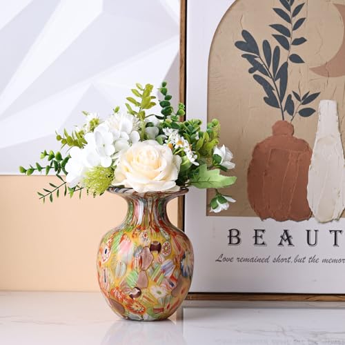 Yellow Orange Round Glass Vase,Modern Art Sea Glass Decor with Colorful Petal Decorative for Home Decor,Hand Blown Stained Vase for Flowers Living Room Dining Tabletop Centerpiece Office Decor - Image 6