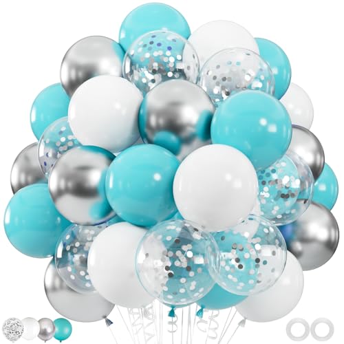 Image of 100pcs Teal Blue White Silver Confetti Balloons, 12inch Turquoise, White, Metallic & Glitter Latex Balloons for Wedding Birthday Baby Shower Party Decoration