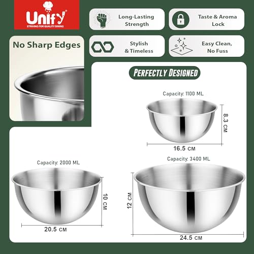 Image of Unify 3 Pieces Stainless Steel Mixing Bowls Set (1100ml, 2000ml, 3400ml) | Katori /Katora Set | Large Kitchen Bowls for Mixing Dough, Salad, Serving | Heavy Duty & Rust Free (Amora Design)