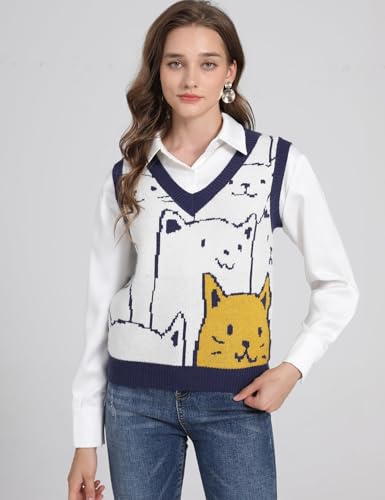 Arssm Womens Cat Print Pullover Sweater Vest V Neck Sleeveless Knit Vests 2025 Pullover Knitted Tank Top4