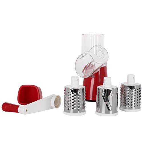 Tevokon Manual Rotary Cheese Grater Round Mandoline 3 Drum Blades Vegetable Slicer With Non-Slip Base Cheese Shredder Walnuts Grinder With Cleaning Brush Vegetarian Peeler Red #TOP6