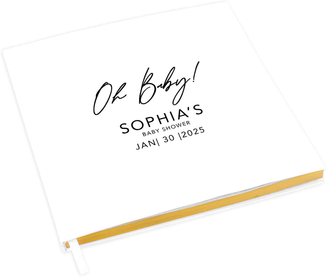 Andaz Press Personalized Baby Shower Guestbook with Gold Accents, Oh Baby Custom Guestbook, Gender-Neutral, White Guest Sign-in Registry, 120 Pages 8.5" Memories Book DIY Scrapbook Photo Album