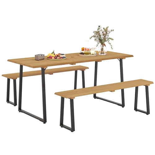 Outsunny Sitzgruppe 3-teilig Holz Essgruppe für 6 Personen Esstisch mit 2 Bänke Schirmloch Esszimmergruppe mit Holztisch Küchentisch-Set Balkonmöbel Gartenmöbel für Terrasse, Balkon Naturholz