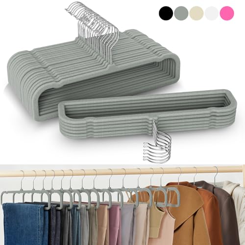 50 Pack Velvet Hangers Non Slip, Felt Pants Hangers Thin Space Saving Clothes Hanger Flocked Strong Durable Ganchos Para Colgar Ropa with 360°Swivel Hook for Pants Jeans Shorts Tank Top, Charcoal Grey — view 2