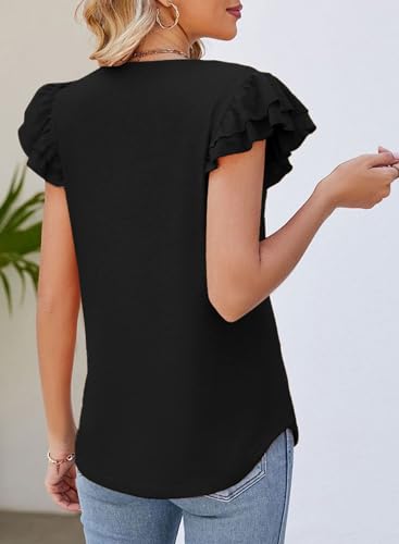 Dokotoo Women's Casual Ruffle Short Sleeve Tops Cute Solid Color Knit Ribbed T Shirts Blouses2