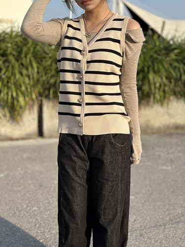 Image of Vest Tops for Women Striped Sweater Vest White Black Striped 2024 Fall Crochet Cropped Button Up Dressy Tank Top Outfits M