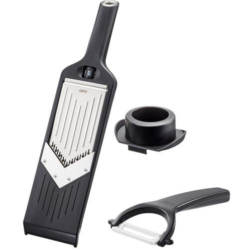 Küchenhelfer Set: GEFU Gemüsehobel VIOLI 2.0 & GEFU Keramikschäler CERAMO - V-Hobel mit Julienne-Schneider für perfekte Obst- & Gemüsescheiben