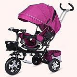 Kids Tricycle,Tricycle Stroller,Kid Stroller,4 in 1 Kids Trike,Folding Kids Tricycle Stroller with Push Handle,Removable Canopy,Rotatable Seat,Rubber Wheels,Black+Purple,EVA Wheel