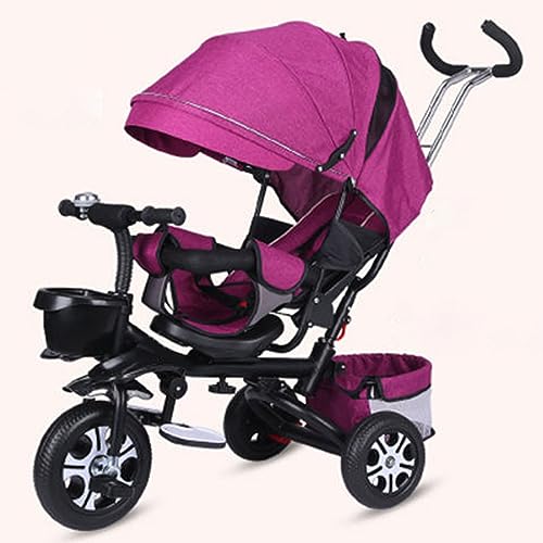 Kids Tricycle,Tricycle Stroller,Kid Stroller,4 in 1 Kids Trike,Folding Kids Tricycle Stroller with Push Handle,Removable Canopy,Rotatable Seat,Rubber Wheels,Black+Purple,EVA Wheel