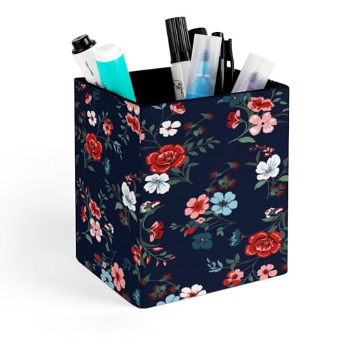 Quteprint Portalápices cuadrado, diseño de flores y hojas de primavera, para escritorio, organizador de bolígrafos de oficina, accesorios de escritorio, soporte de brochas de maquillaje para el hogar