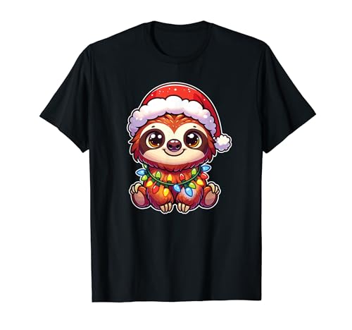 Weihnachtsmütze Weihnachten Lichterkette Faultier T-Shirt
