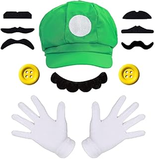 iZoeL Super Luigi Costume Kits - Luigi Hat White Gloves Mustache Buttons - Carnival Costume Mario Fancy Dress Costumes Outfits for Boys Girls Women Kids Childrens Men