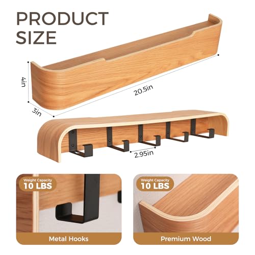 Coat Rack Wall Mount with Shelf Entryway Shelf Modern Key Holder Hanger Wall Shelves with Hidden Hooks for Hanging Towels Coats Hats Bags for Hallway Bathroom Bedroom (Oak, 5 Hooks) by FURNAWAY - Used condition - Image 2