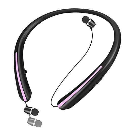 Bluetooth Headphones Retractable, Wireless Neckband Headset with Sweatproof Stereo Earbuds CVC 8.0 Noise Cancelling Call Vibrate Alert Earphones (Pink)
