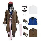 GVLAQST Men Pirate Costume Jack Sparrow Coat Vest Sash Pants Belt Wig Goatee Beads Halloween Renaissance Party Outfit Brown M