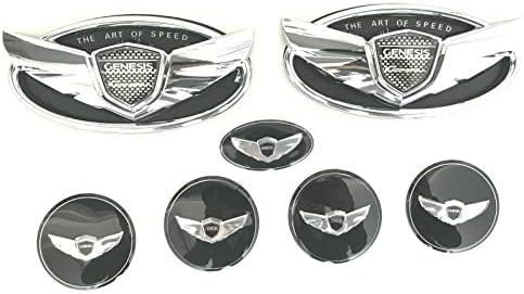 Exotic Store 7 Pieces 2010-2017 Fit for Hyundai Genesis "ART OF SPEED"Coupe Chrome Black WING Logo Front+ Trunk+ Steering wheel+ Rim center Caps Stickers TURBO Kit Emblem Badges (CHROME)
