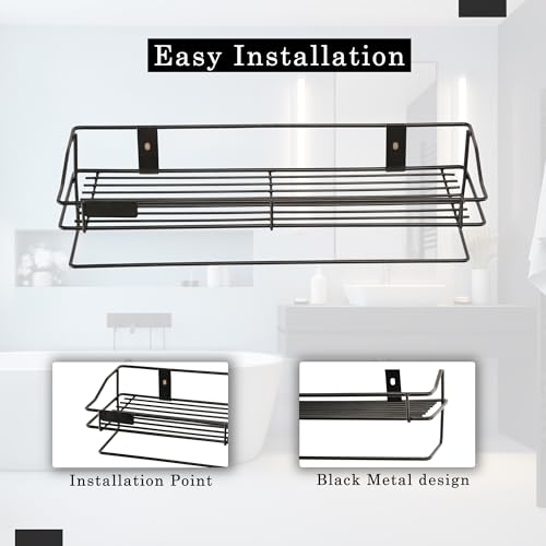 Image of Kuber Industries Pack of 2 Metal Bathroom Shelf for Wall - Washroom Organizer Shampoo Holder Stand & 14 Inch Kitchen Storage Rack - Black