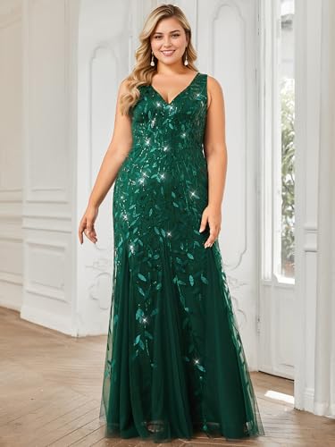 Image of Ever-Pretty Plus Sequin Formal Dresses Sleeveless V Neck Mermaid Ball Gowns Plus Size Prom Dress