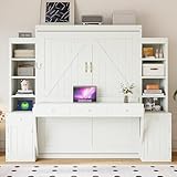 Brabrety Queen Size Murphy Bed with Desk & Storage, Wood Wall Bed with Drawers,for Apartments Bedroom Home Office Studio (White#B, Queen)