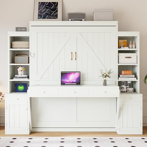 Image of Merax Queen Size Murphy Bed with Desk and Lights, Power Outlet, Foldable Murphy Cabinet Bed with Open Storage Shelves & Drawers, Wood Space-Saving Hidden Wall Bed for Guest Room Office, Antique White