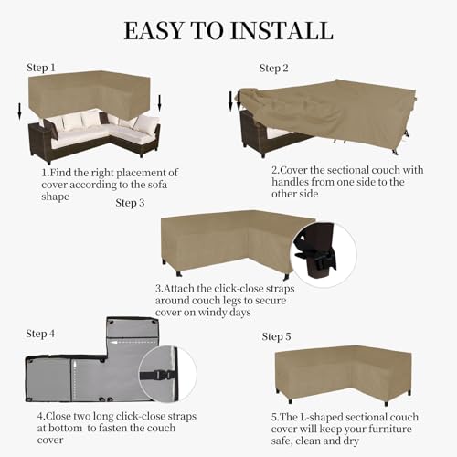 Image of Easy-Going Patio L-Shaped Sectional Sofa Cover, 85 inchX58 inch Waterproof Heavy Duty Outdoor Garden Furniture Cover (Right Facing, Camel)
