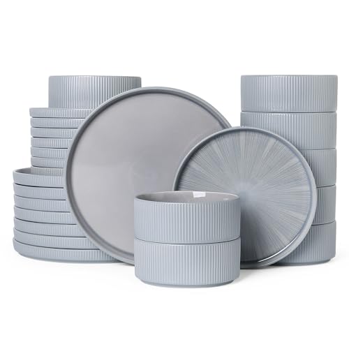 Image of Dinnerware Sets, Ceramic Plates and Bowls Set 24 Piece Dinnerware for 8 Chip Resistant Stoneware with Advanced Inkjet Printing Technology, Dishwasher and Microwave Safe-Smoky Blue