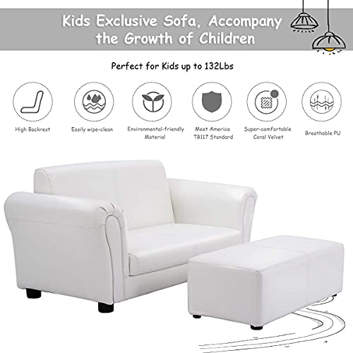 Reuniong Kids Sofa W/Footstool, Upholstered Children Loveseat Couch W/Ottoman, Sturdy Wood Frame, Astm And Cpsia Certified, 2 Seat Armrest Lounge Chair Set For Boys Girls, 32.5”X16.5”X16” (White) #TOP7