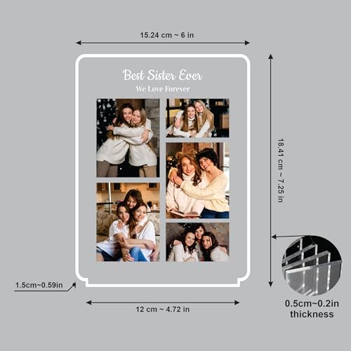 Image of Giftplease Customized LED Photo Frame for Sister | Personalised Photo Frame with Wooden Stand & Light | Special Birthday Gift for Sister | Transparent Tabletop Frame (6x7.25 Inch) SIS 07