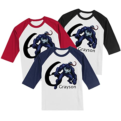 Personalized Super Spider Venom Birthday Shirt | Super Villain | Handmade Decorated Shirt | Personalized with Name and Age | Unisex 3/4 Sleeve Raglan T-Shirt | #10732